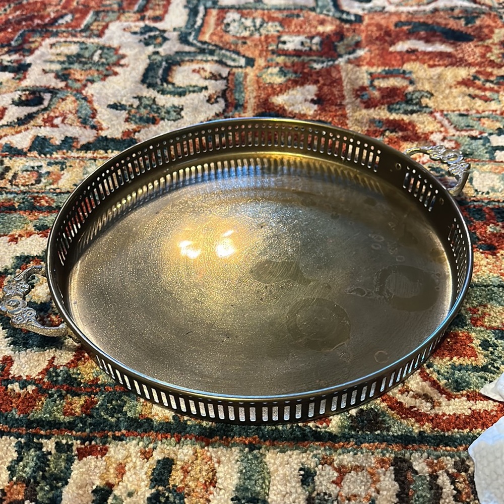 11” Vintage Brass Tray with Floral Handles
